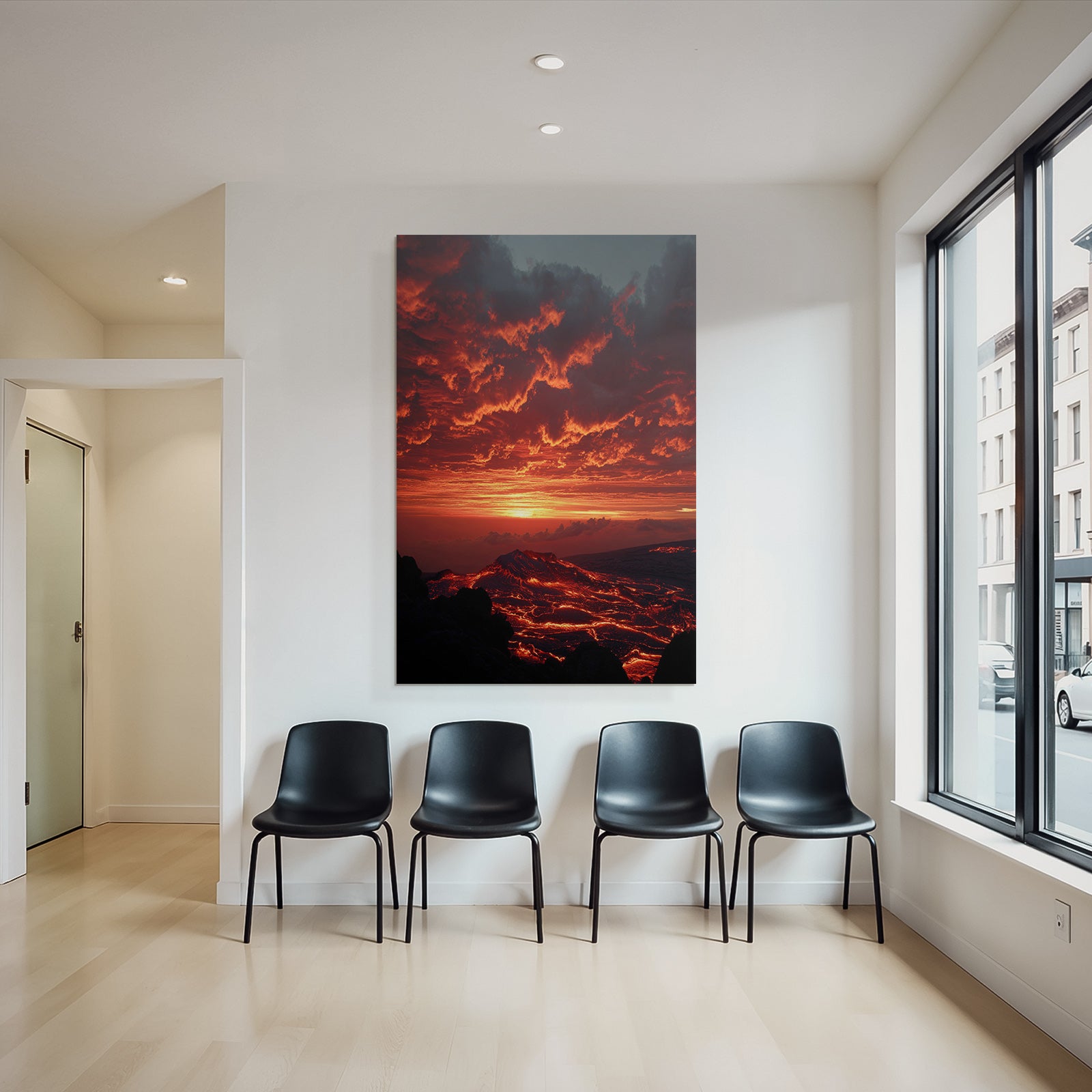 Vulkanlandschaft Bei Sonnenuntergang Mit Fliessender Lava