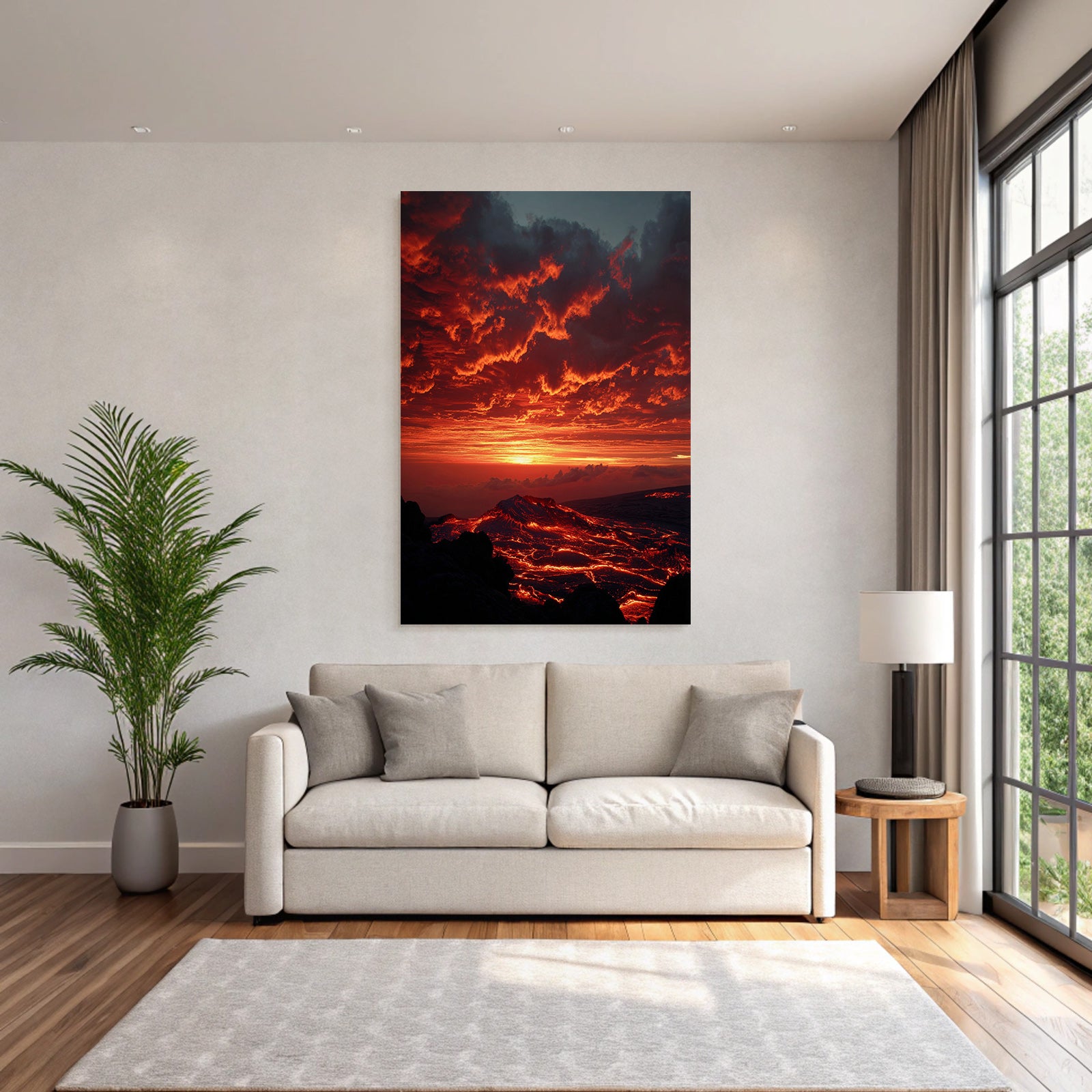 Vulkanlandschaft Bei Sonnenuntergang Mit Fliessender Lava