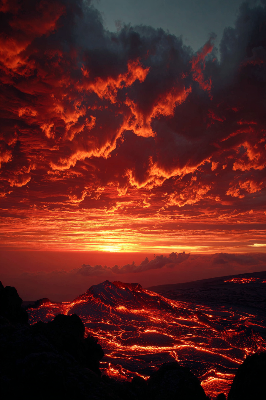 Vulkanlandschaft Bei Sonnenuntergang Mit Fliessender Lava | Feuer und Vulkane | Natur