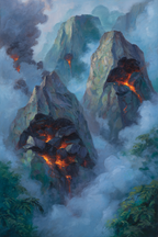 Vulkanlandschaft Glühende Lava Rauchende Berge Üppiges Grün | Feuer und Vulkane | Natur