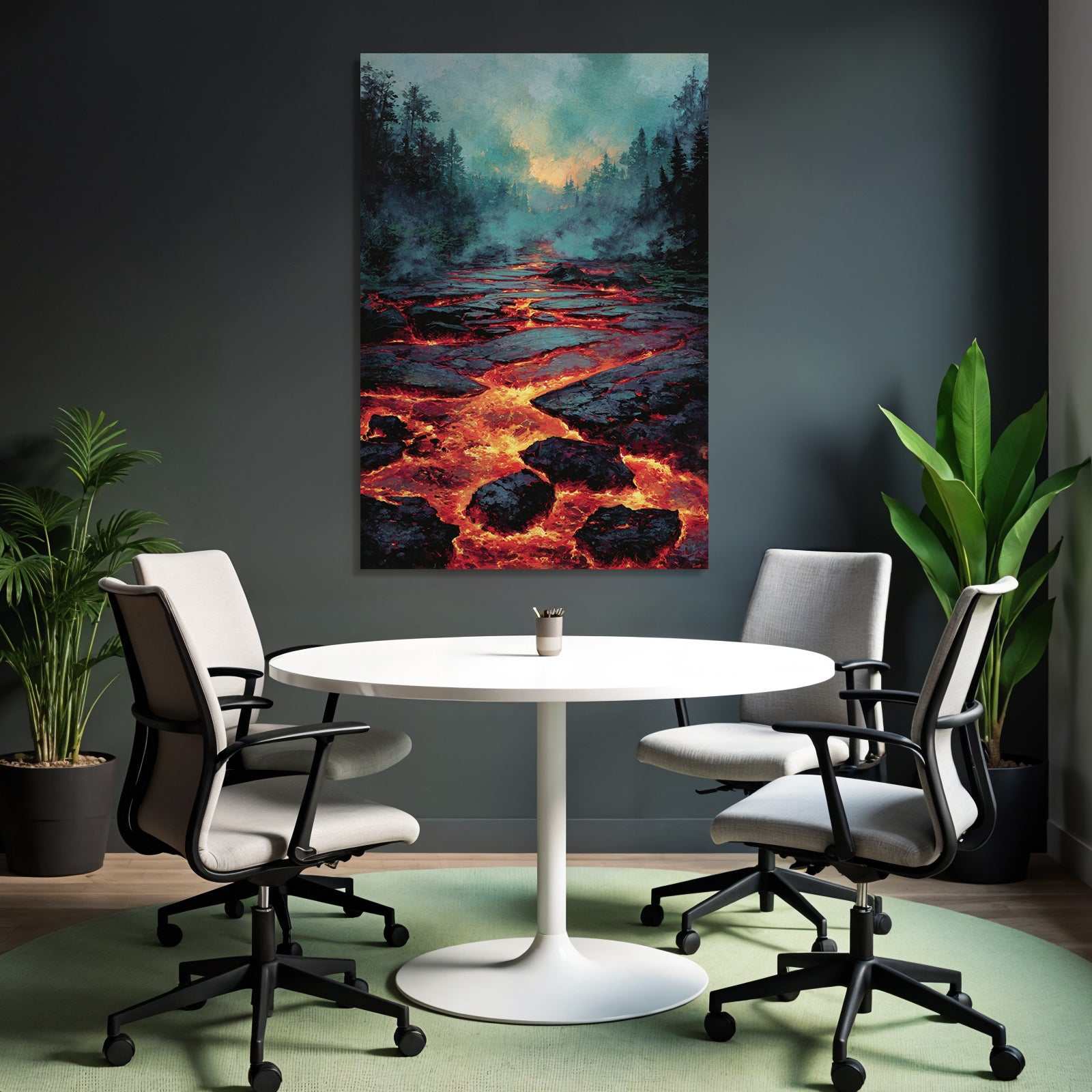 Vulkanlandschaft Mit Fliessender Lava Und Nebligen Bäumen
