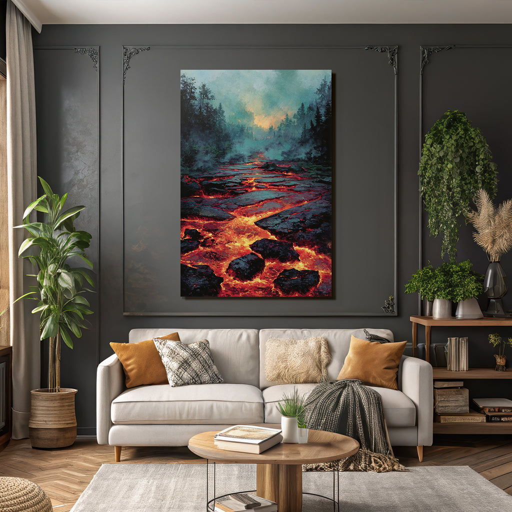 Vulkanlandschaft Mit Fliessender Lava Und Nebligen Bäumen