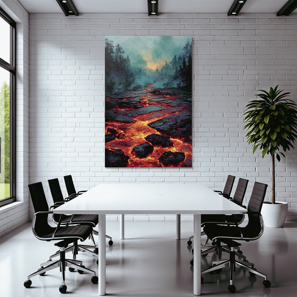 Vulkanlandschaft Mit Fliessender Lava Und Nebligen Bäumen