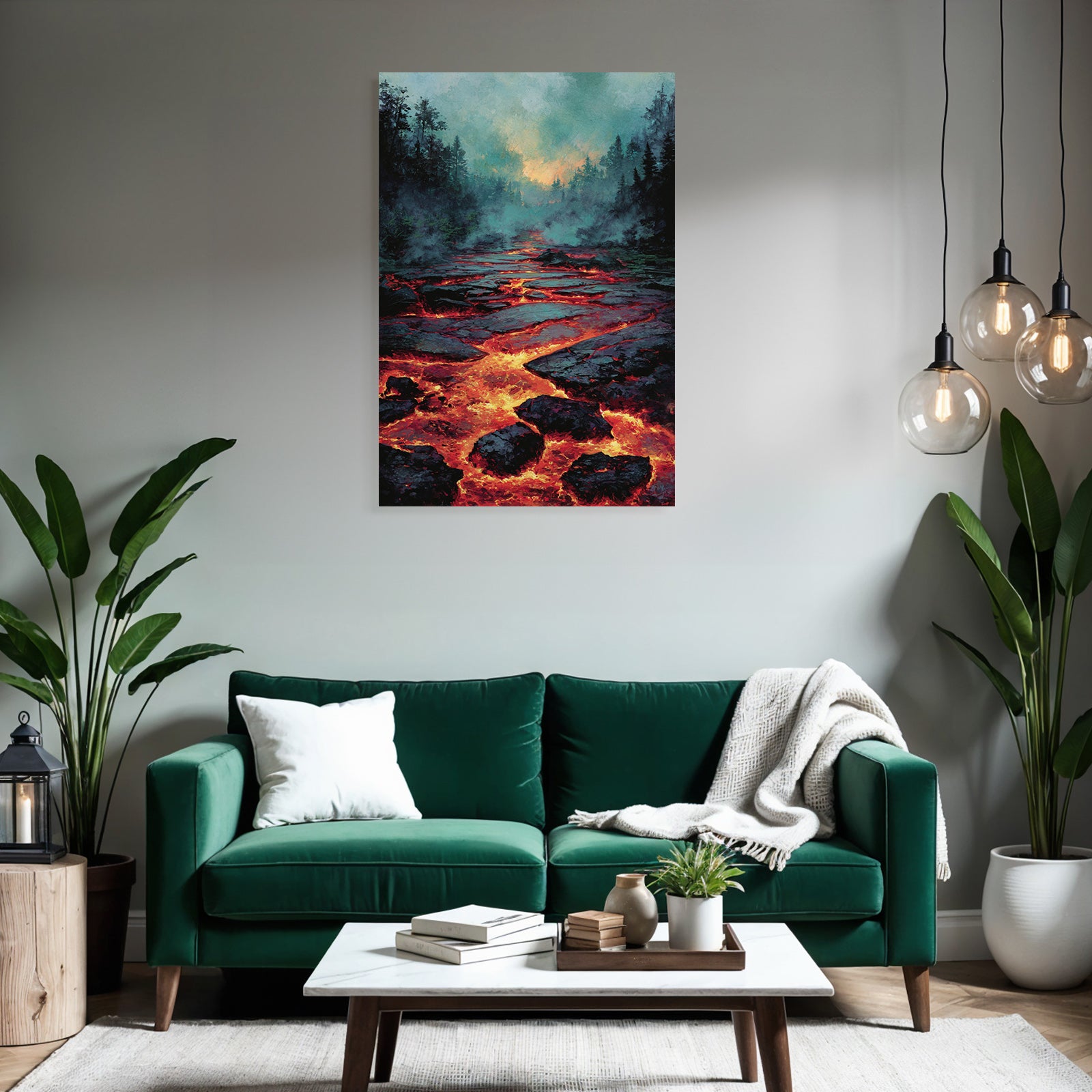 Vulkanlandschaft Mit Fliessender Lava Und Nebligen Bäumen