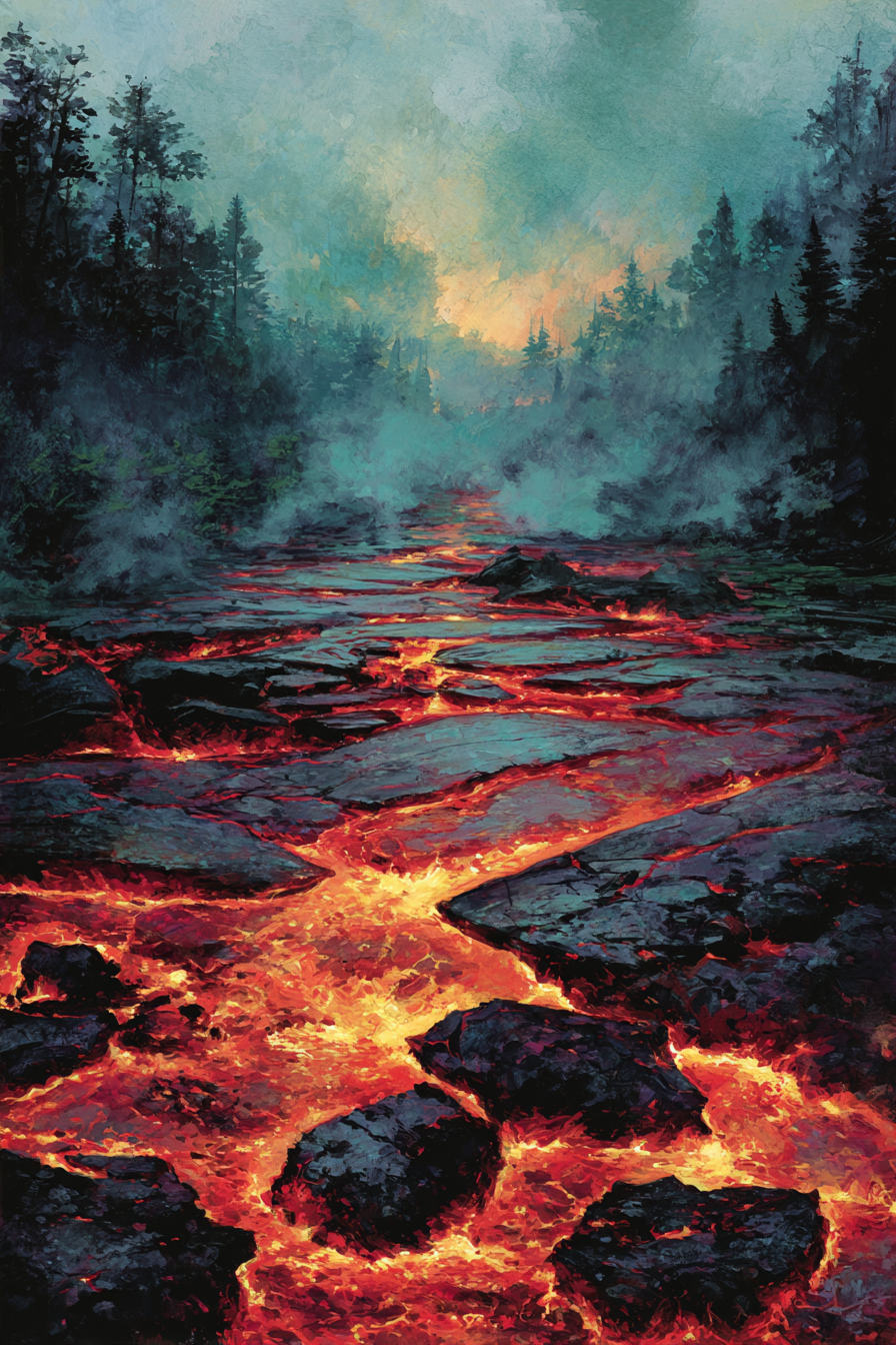 Vulkanlandschaft Mit Fliessender Lava Und Nebligen Bäumen | Feuer und Vulkane | Natur