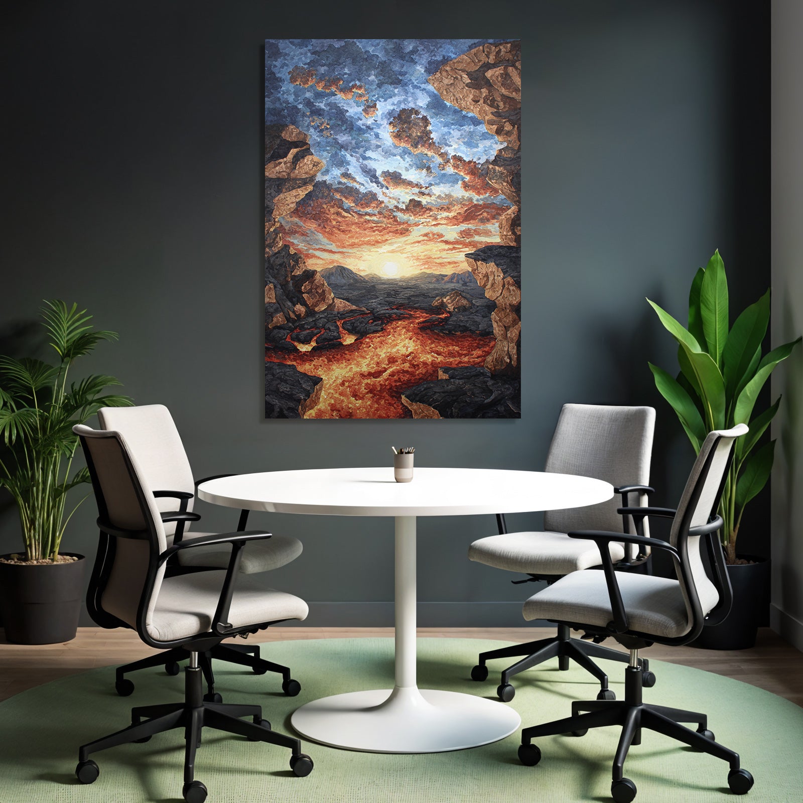 Vulkanlandschaft Mit Lavafluss Bei Sonnenuntergang