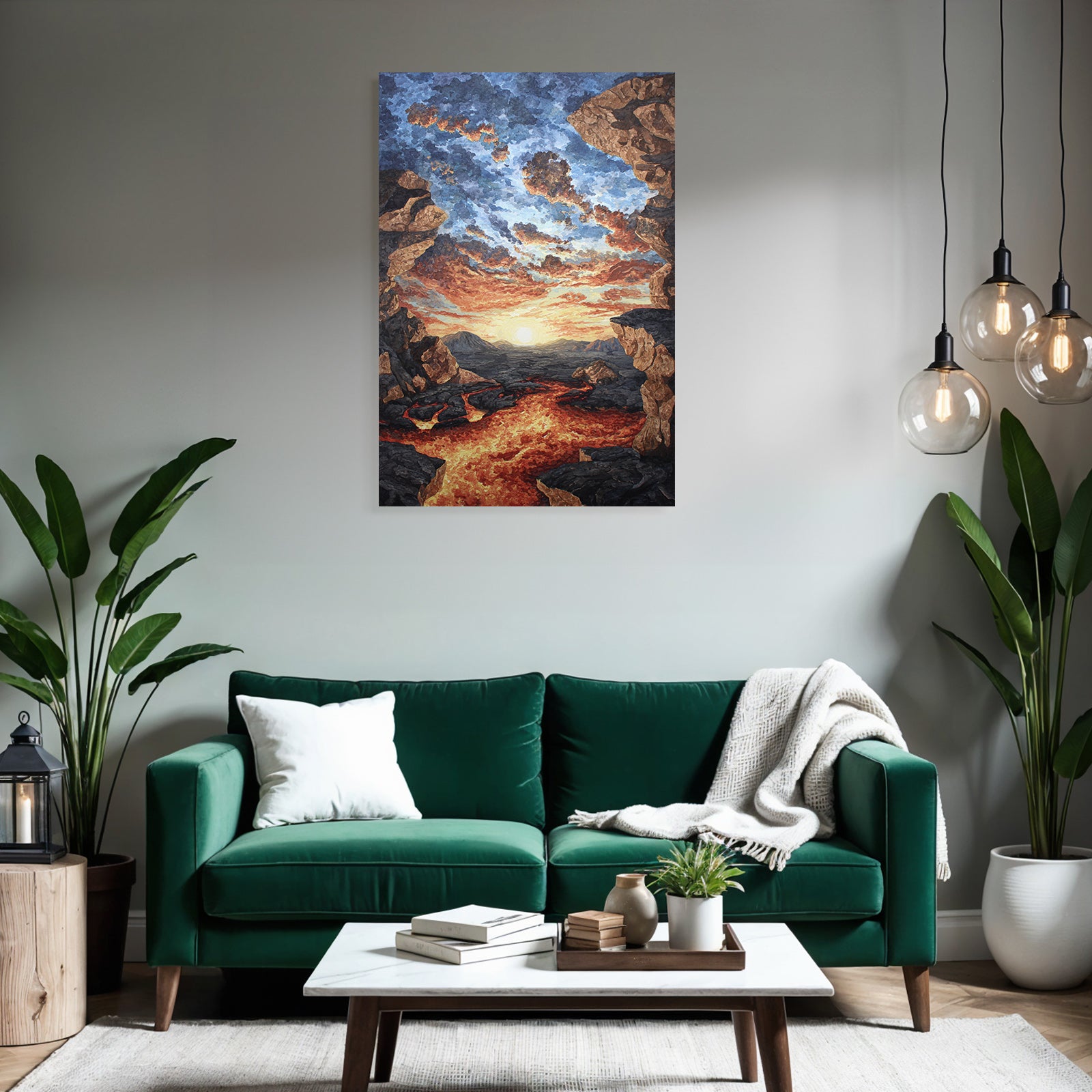 Vulkanlandschaft Mit Lavafluss Bei Sonnenuntergang
