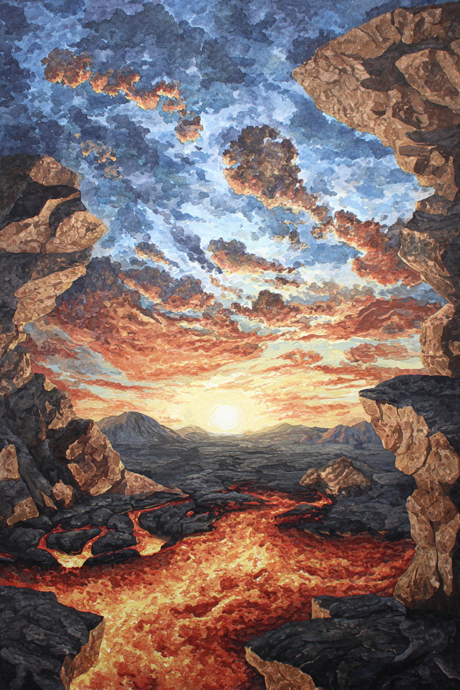 Vulkanlandschaft Mit Lavafluss Bei Sonnenuntergang | Feuer und Vulkane | Natur