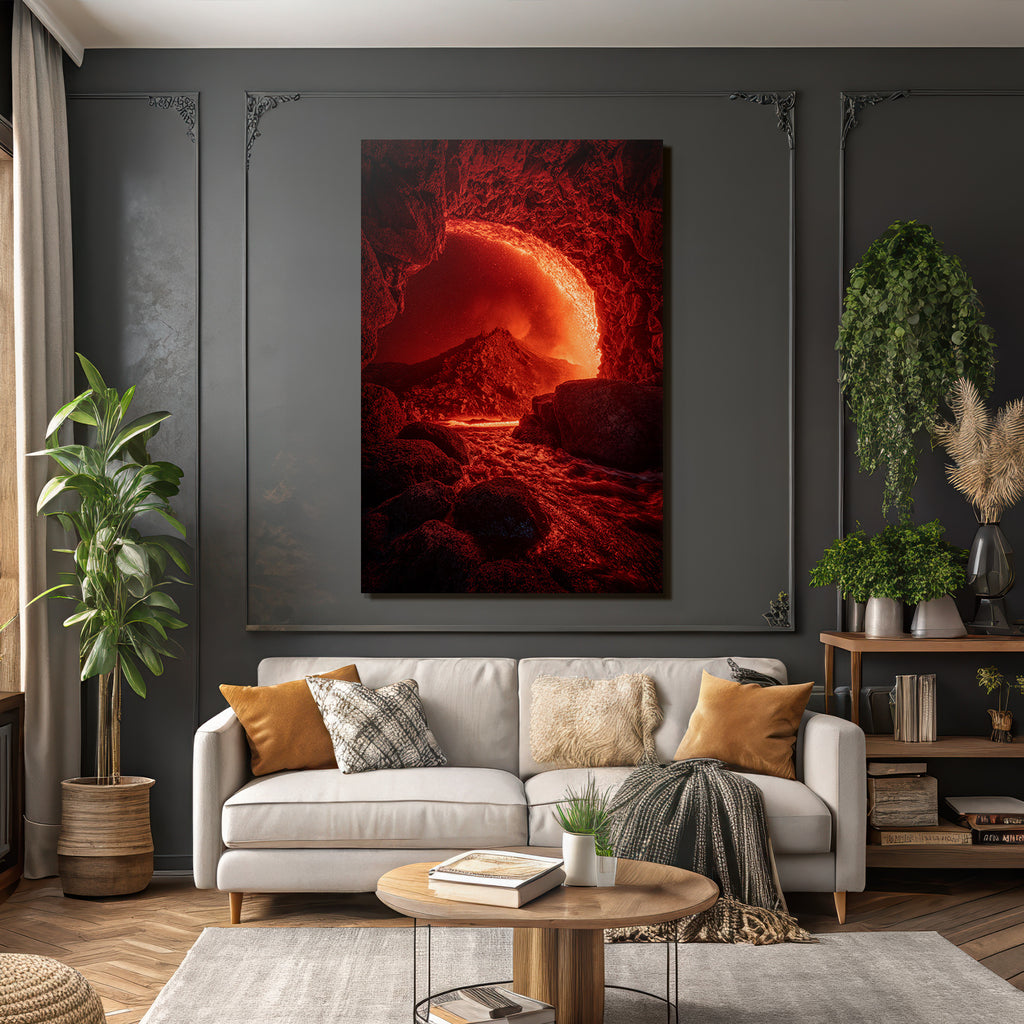 Vulkanlandschaft Mit Lavafluss Ins Wasser