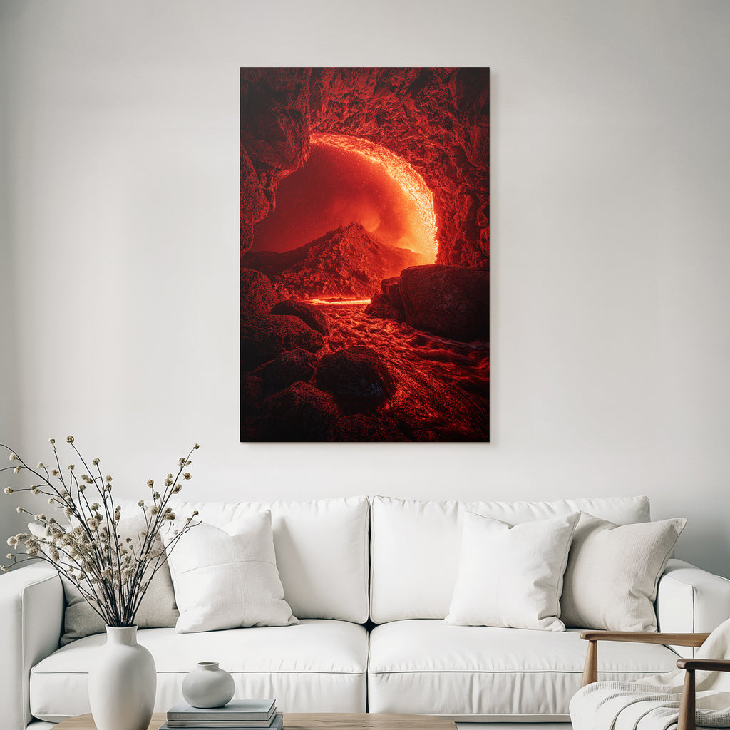 Vulkanlandschaft Mit Lavafluss Ins Wasser