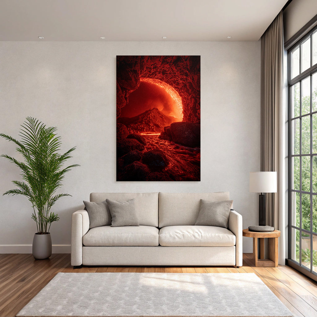 Vulkanlandschaft Mit Lavafluss Ins Wasser