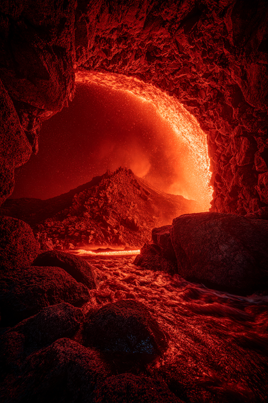 Vulkanlandschaft Mit Lavafluss Ins Wasser | Feuer und Vulkane | Natur