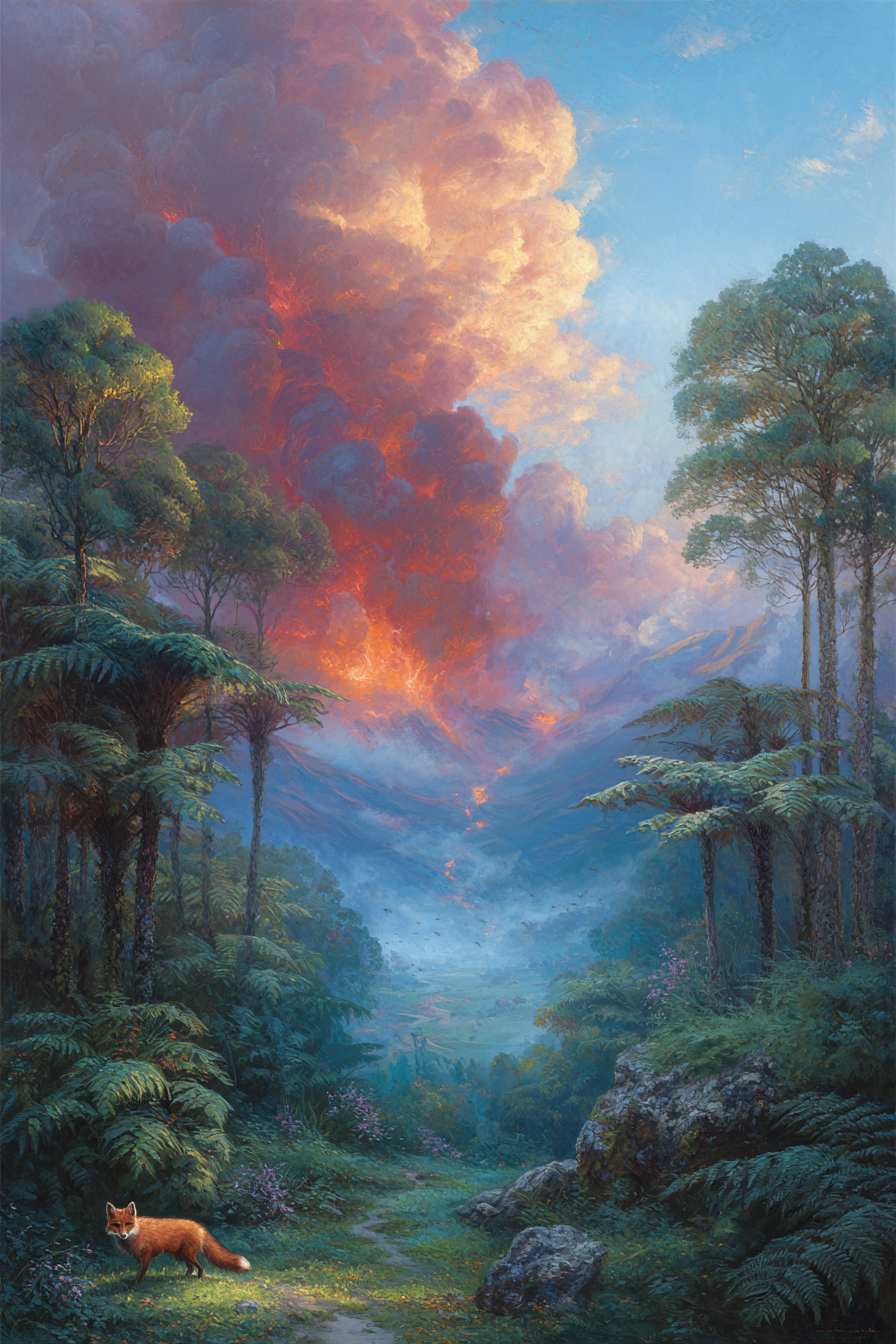 Waldlandschaft Mit Fuchs Vor Vulkanausbruch | Feuer und Vulkane | Natur