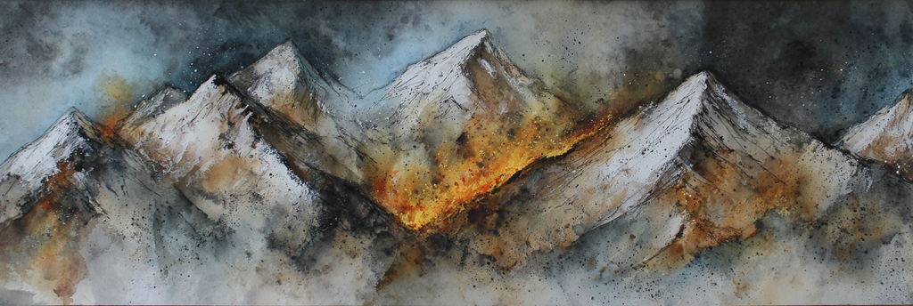 Aquarellberglandschaft Mit Schneebedeckten Spitzen Und Goldenem Sonnenlicht | Feuer und Vulkane | Natur