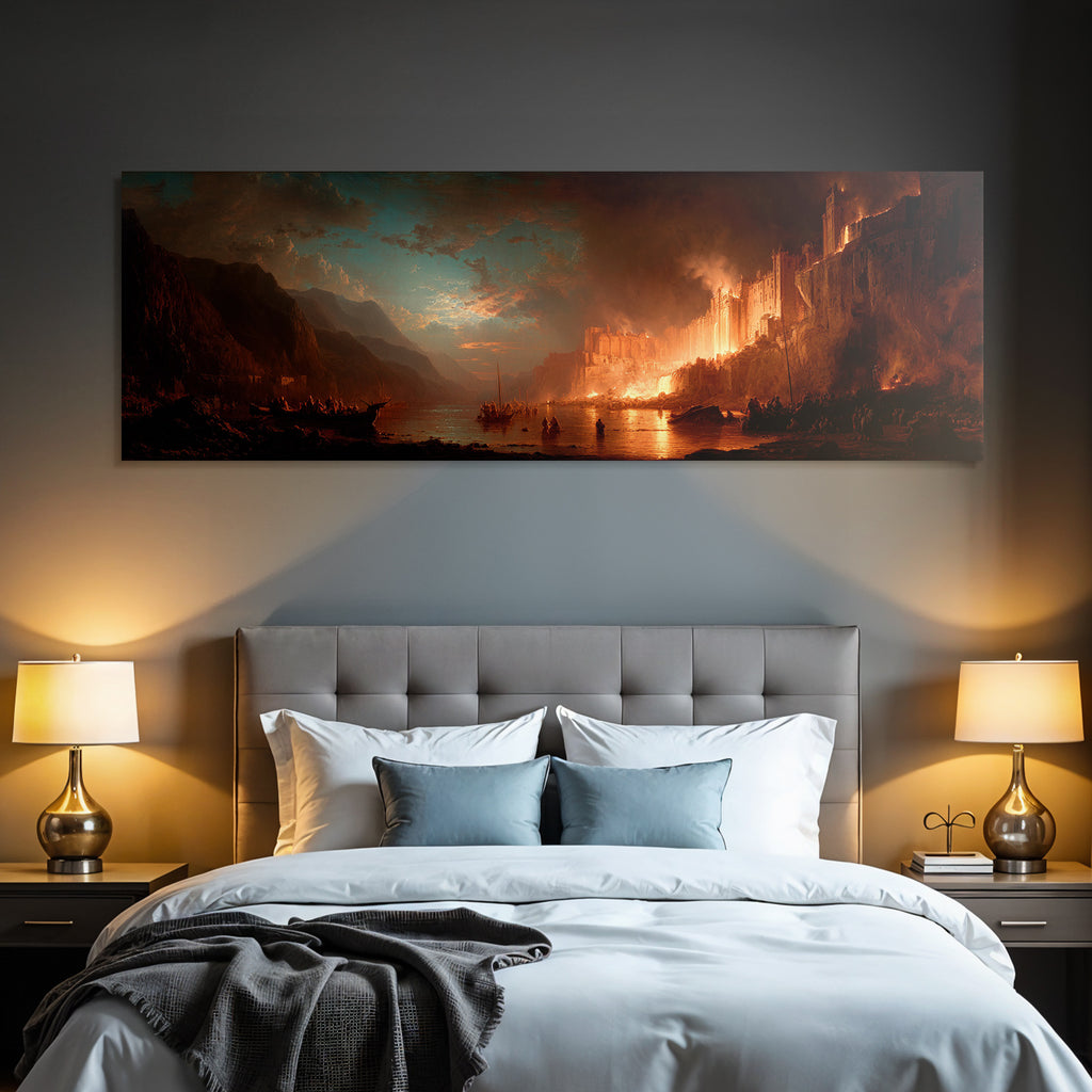 Dramatic fire landscape in the mountains by the water