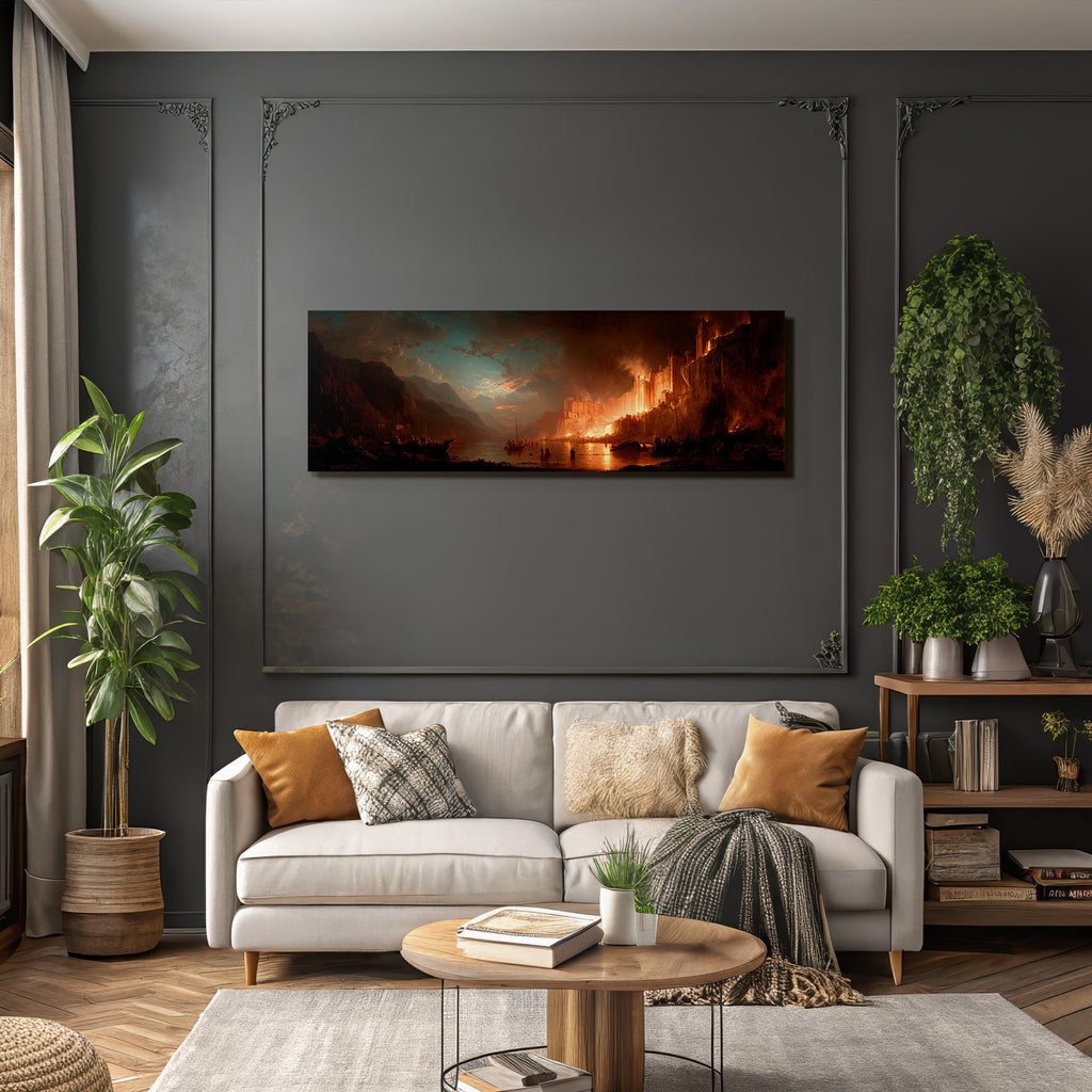 Dramatic fire landscape in the mountains by the water