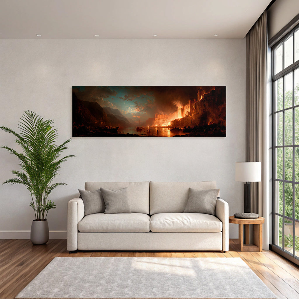 Dramatic fire landscape in the mountains by the water