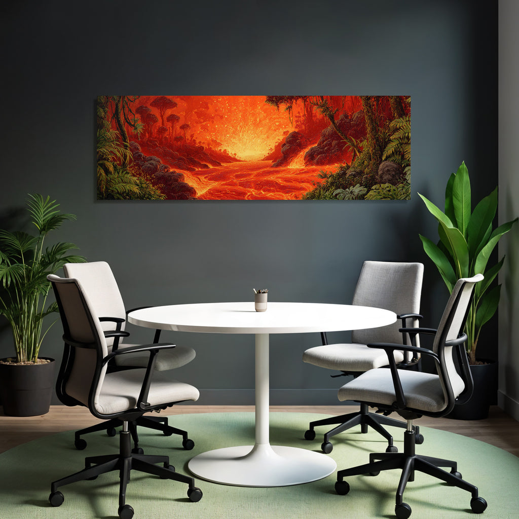 Feurige Vulkanlandschaft Mit Lava In Roten Und Orangen Schattierungen Umgeben Von Dschungelvegetation