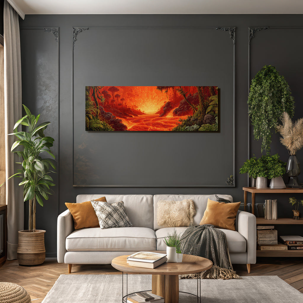 Feurige Vulkanlandschaft Mit Lava In Roten Und Orangen Schattierungen Umgeben Von Dschungelvegetation