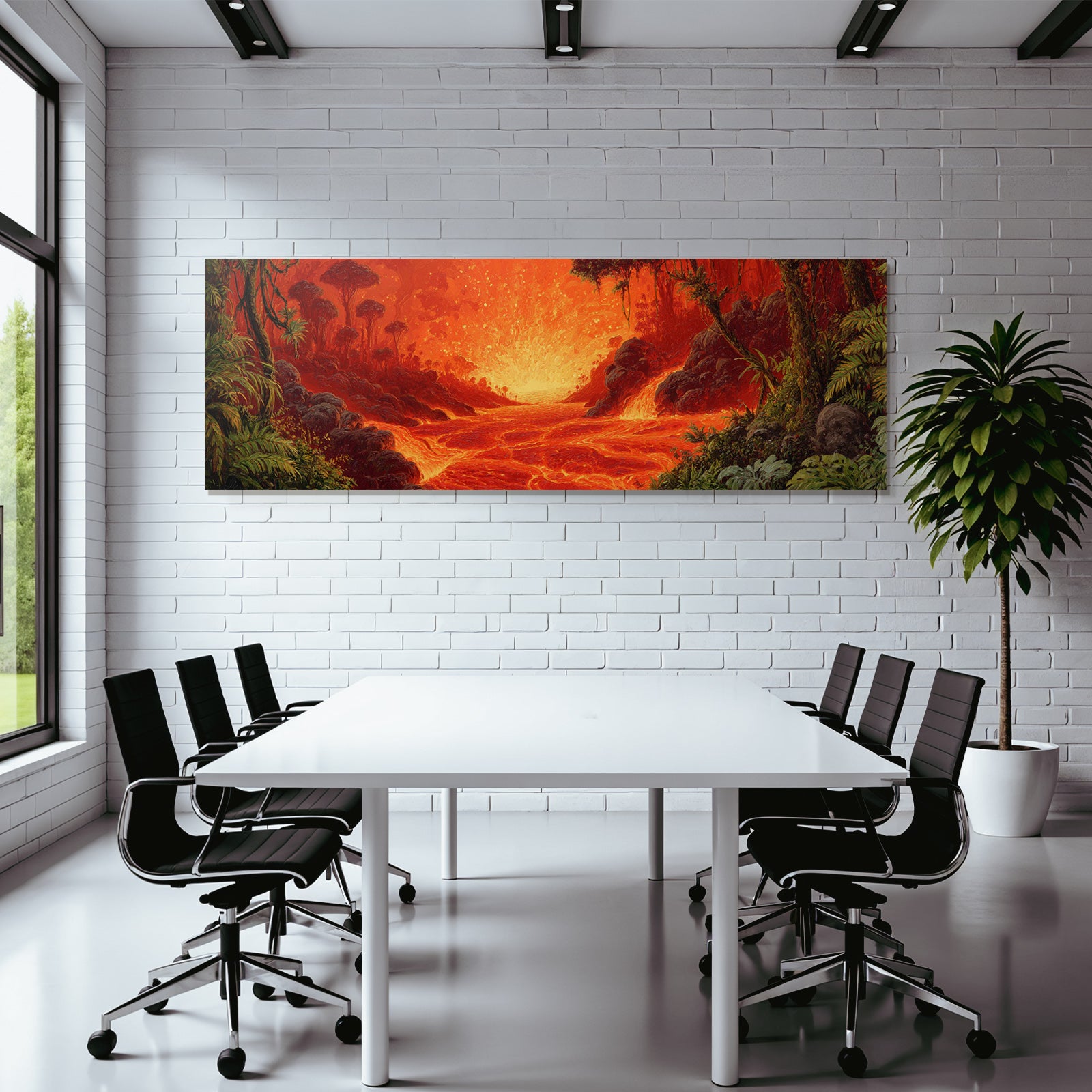 Feurige Vulkanlandschaft Mit Lava In Roten Und Orangen Schattierungen Umgeben Von Dschungelvegetation