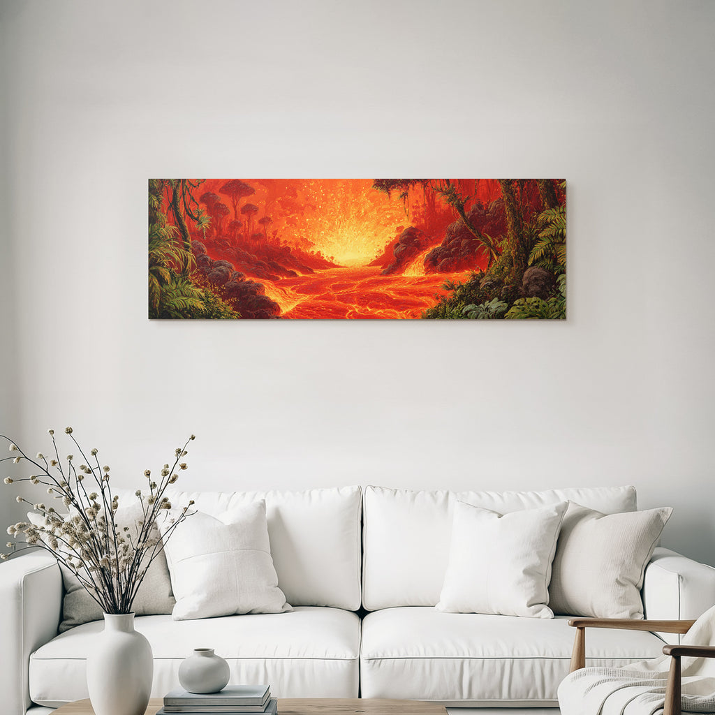Feurige Vulkanlandschaft Mit Lava In Roten Und Orangen Schattierungen Umgeben Von Dschungelvegetation