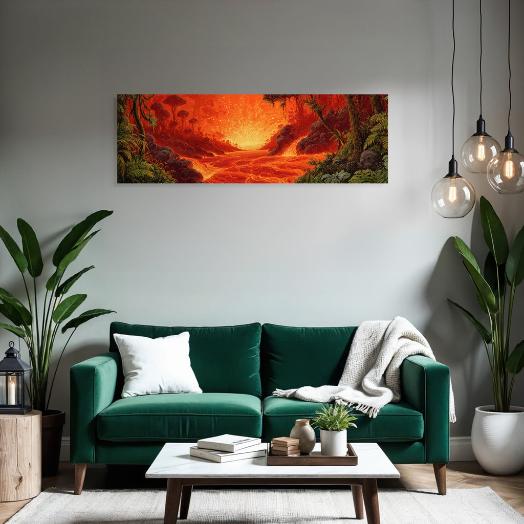 Feurige Vulkanlandschaft Mit Lava In Roten Und Orangen Schattierungen Umgeben Von Dschungelvegetation