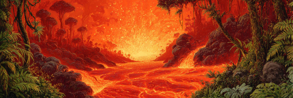Feurige Vulkanlandschaft Mit Lava In Roten Und Orangen Schattierungen Umgeben Von Dschungelvegetation | Feuer und Vulkane | Natur