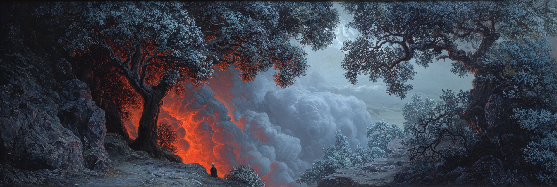 Kontrastreiche Landschaft Mit Dunklem Wald Glühendem Lavaausbruch Und Ruhigem Himmel | Feuer und Vulkane | Natur