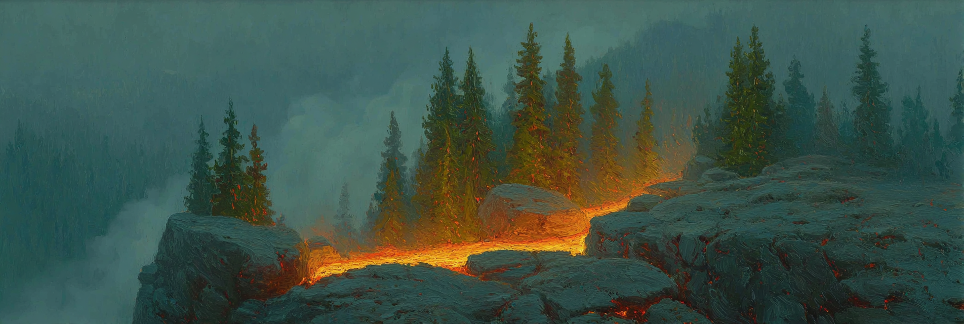 Mystische Vulkanlandschaft Im Nebelwald Mit Lavafluss | Feuer und Vulkane | Natur