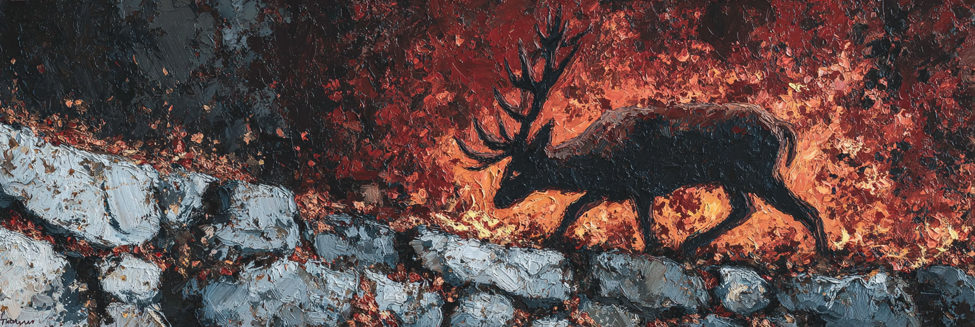 Reh Silhoütte Im Feürfarbenen Hintergrund Auf Steinpfad | Feuer und Vulkane | Natur