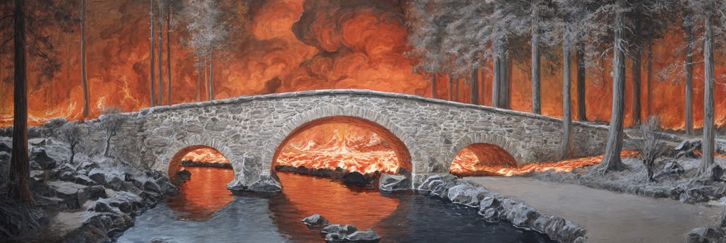 Steinbrücke Über Flammenüberzogenen Fluss Im Waldbrand | Feuer und Vulkane | Natur