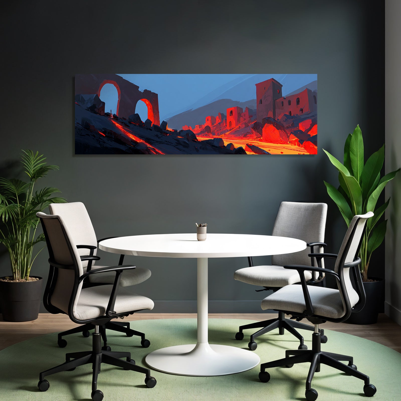 Vulkanausbruch Mit Ruinenlandschaft Brennender Lava Und Blaüm Himmel