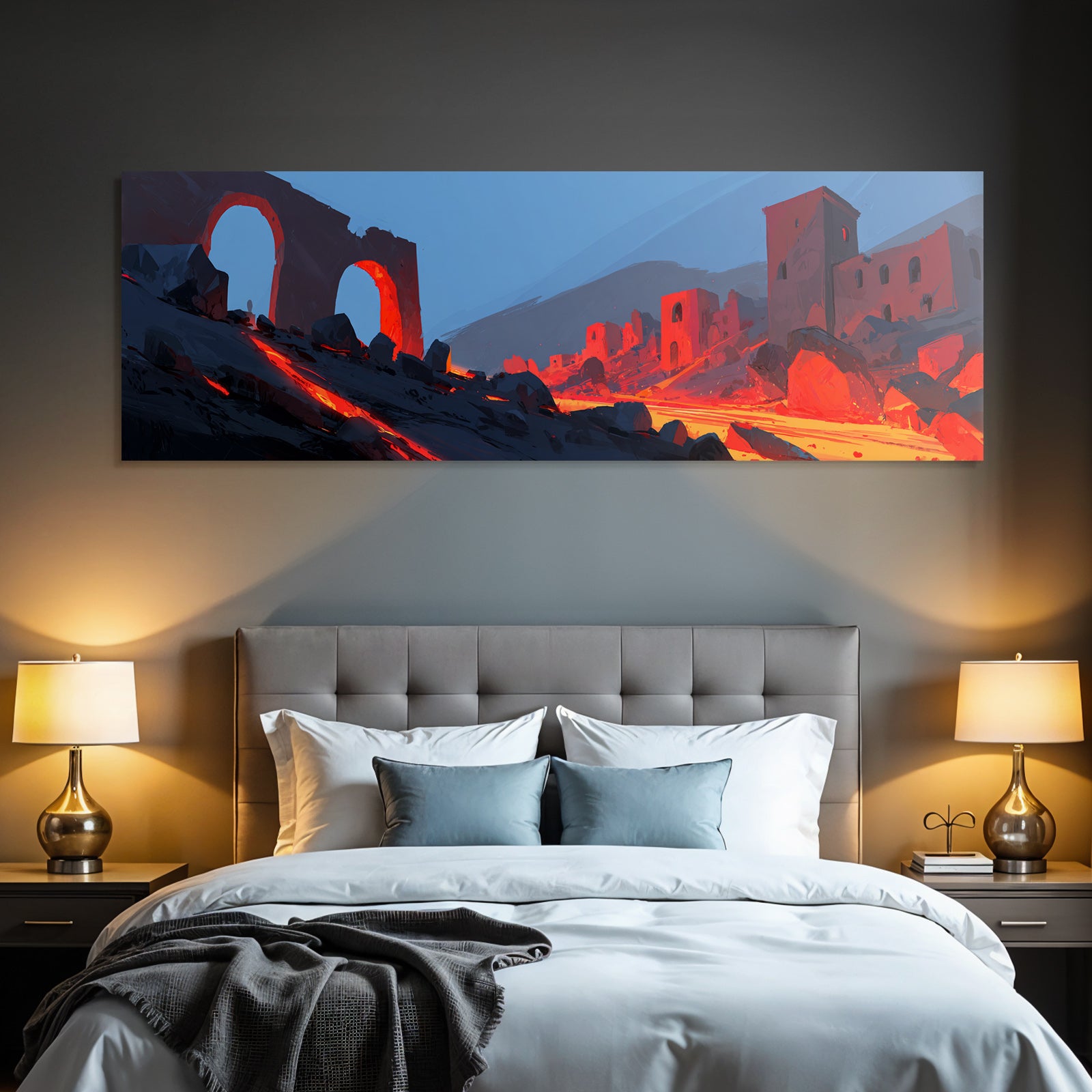 Vulkanausbruch Mit Ruinenlandschaft Brennender Lava Und Blaüm Himmel