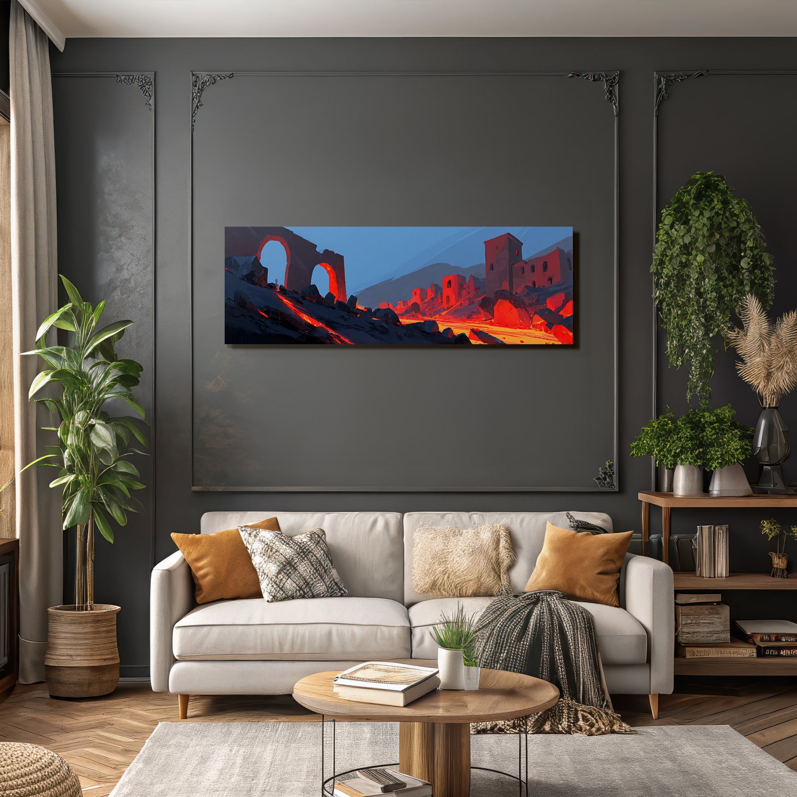 Vulkanausbruch Mit Ruinenlandschaft Brennender Lava Und Blaüm Himmel