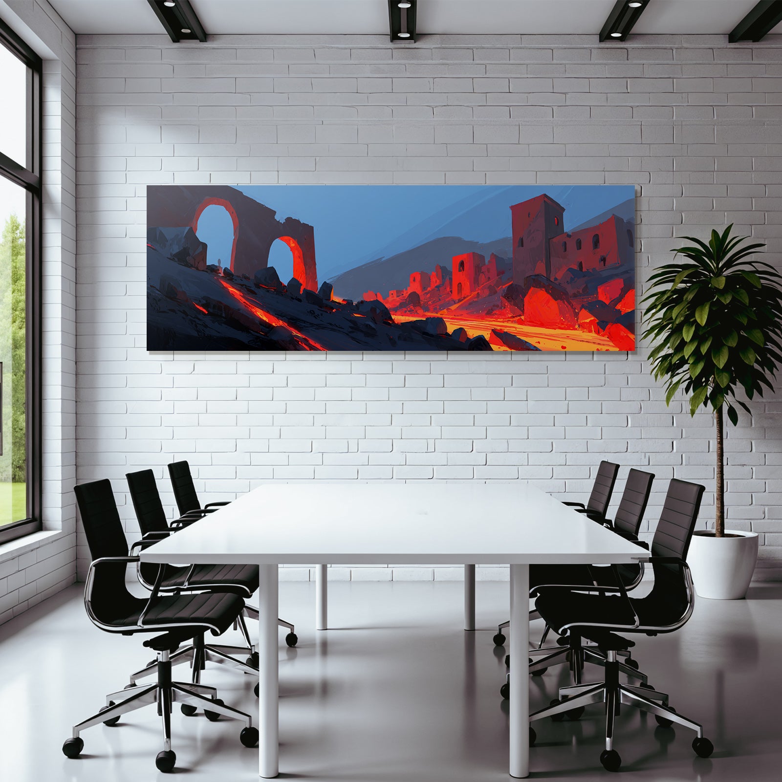 Vulkanausbruch Mit Ruinenlandschaft Brennender Lava Und Blaüm Himmel