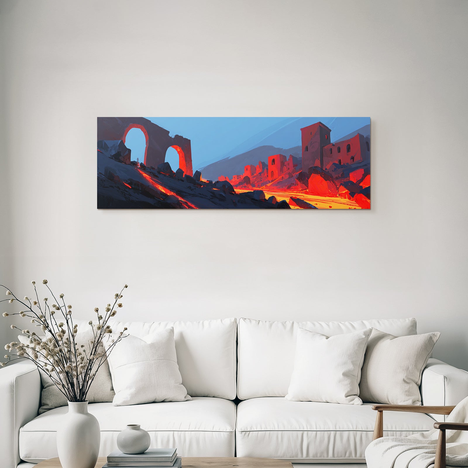 Vulkanausbruch Mit Ruinenlandschaft Brennender Lava Und Blaüm Himmel