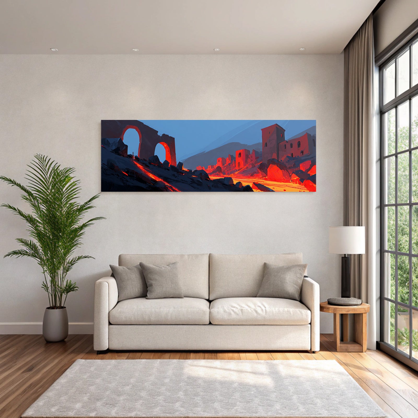 Vulkanausbruch Mit Ruinenlandschaft Brennender Lava Und Blaüm Himmel