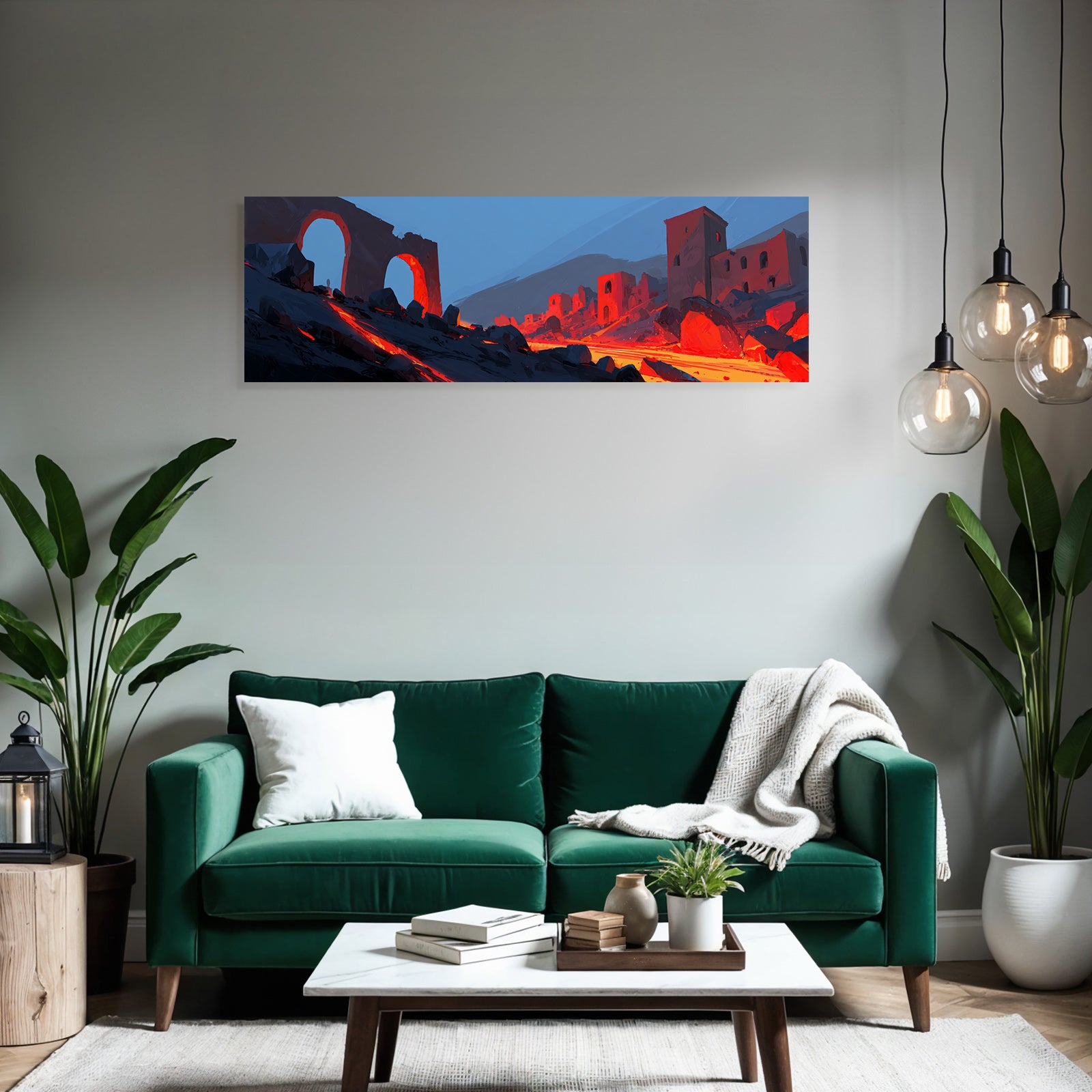 Vulkanausbruch Mit Ruinenlandschaft Brennender Lava Und Blaüm Himmel