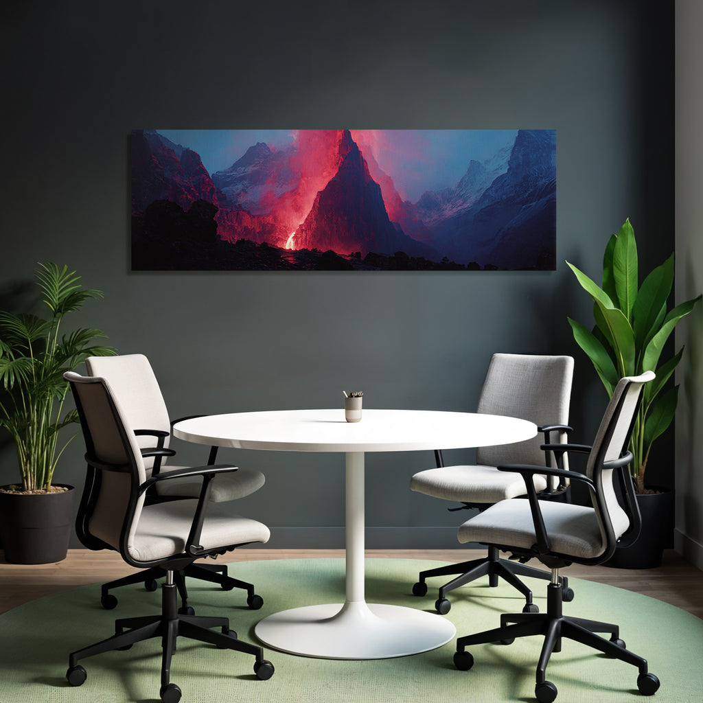 Vulkaneruption In Berglandschaft Mit Lavastrom Und Aschewolken