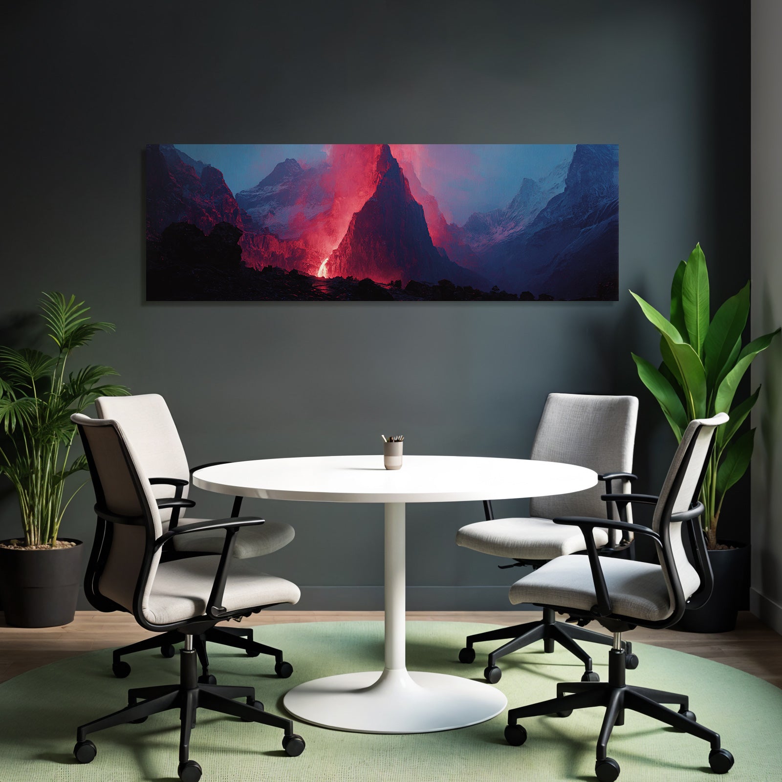 Vulkaneruption In Berglandschaft Mit Lavastrom Und Aschewolken
