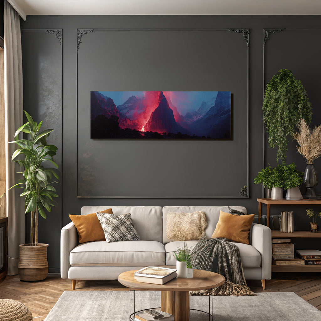 Vulkaneruption In Berglandschaft Mit Lavastrom Und Aschewolken
