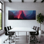 Vulkaneruption In Berglandschaft Mit Lavastrom Und Aschewolken