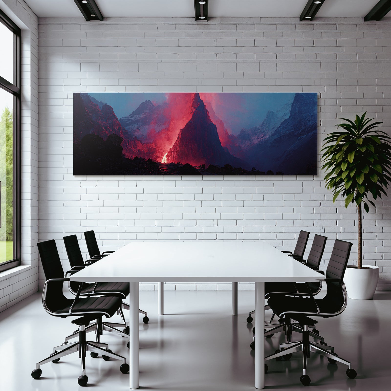 Vulkaneruption In Berglandschaft Mit Lavastrom Und Aschewolken
