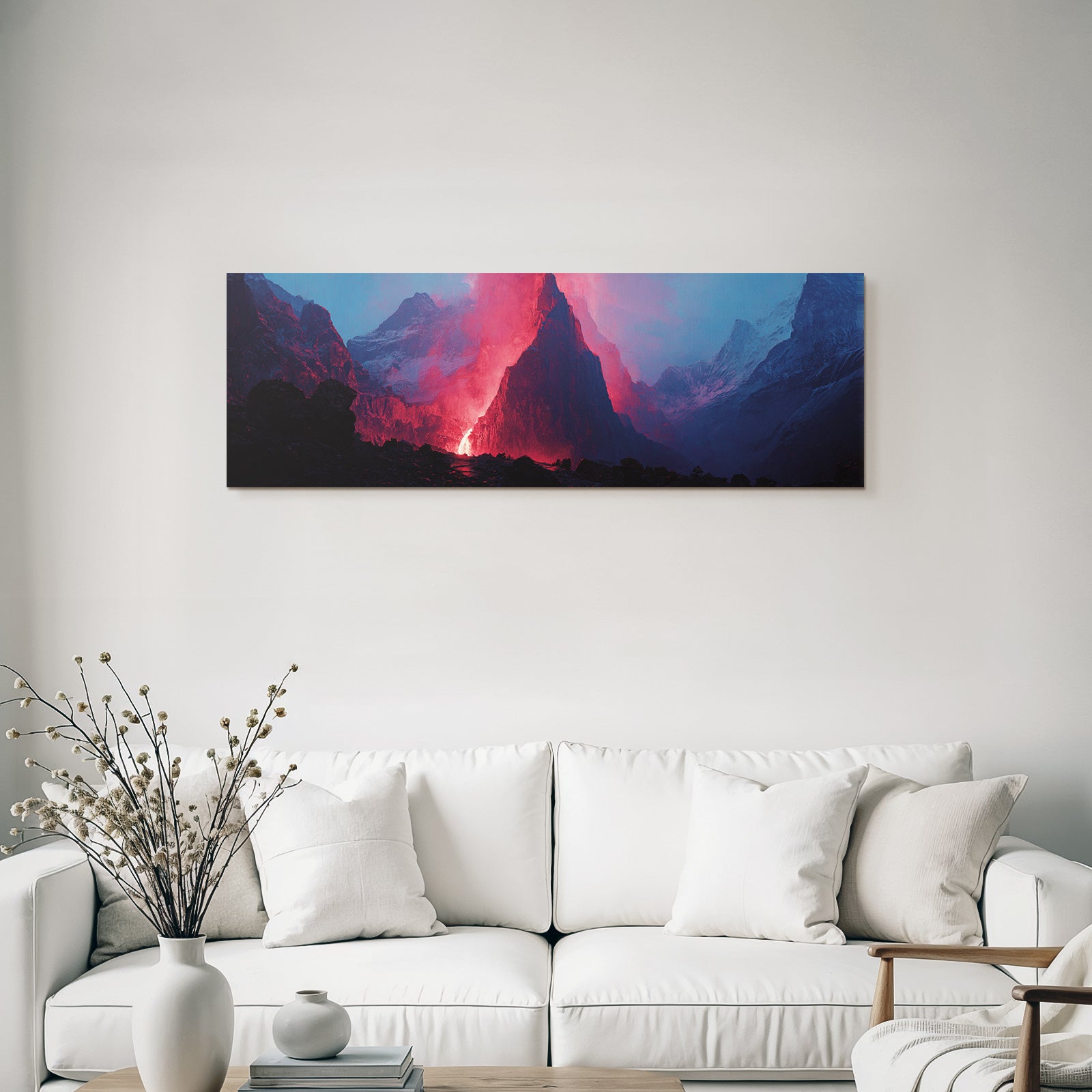 Vulkaneruption In Berglandschaft Mit Lavastrom Und Aschewolken