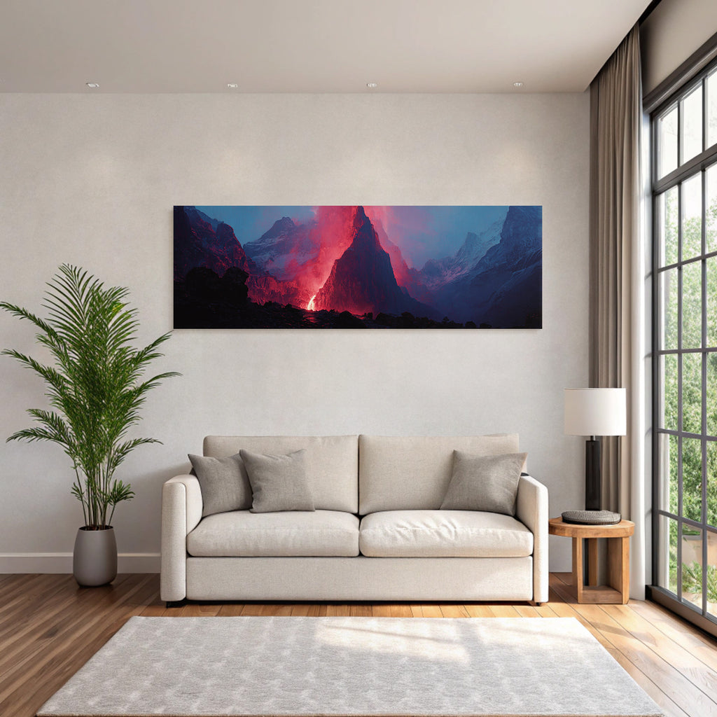 Vulkaneruption In Berglandschaft Mit Lavastrom Und Aschewolken