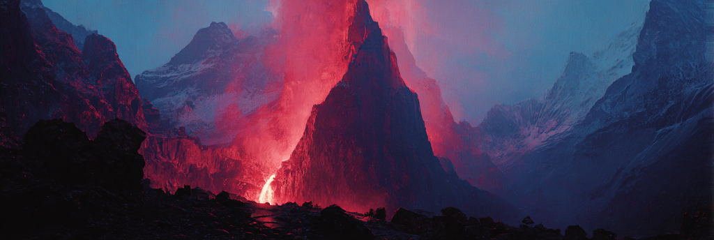Vulkaneruption In Berglandschaft Mit Lavastrom Und Aschewolken | Feuer und Vulkane | Natur