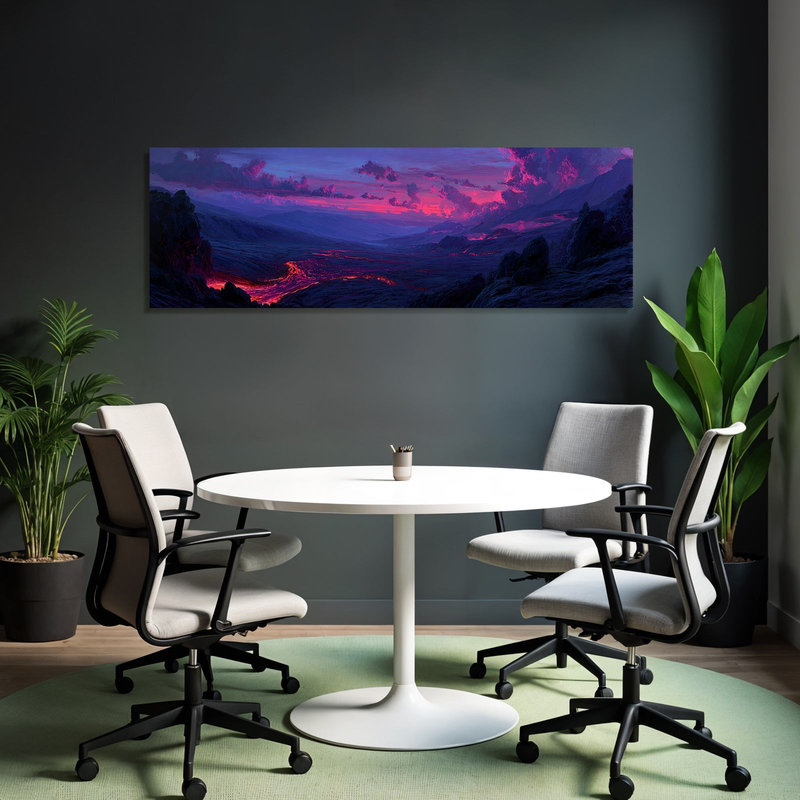 Vulkanlandschaft Mit Fliessender Lava Unter Einem Farbigen Abendhimmel