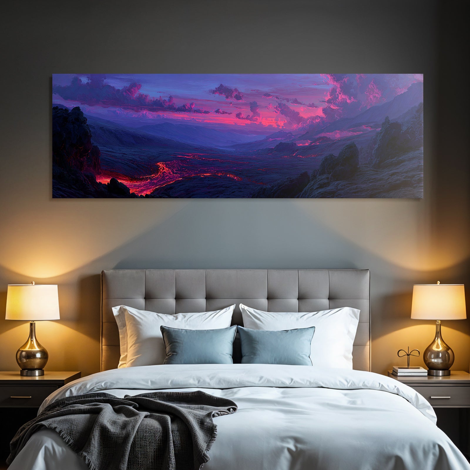 Vulkanlandschaft Mit Fliessender Lava Unter Einem Farbigen Abendhimmel