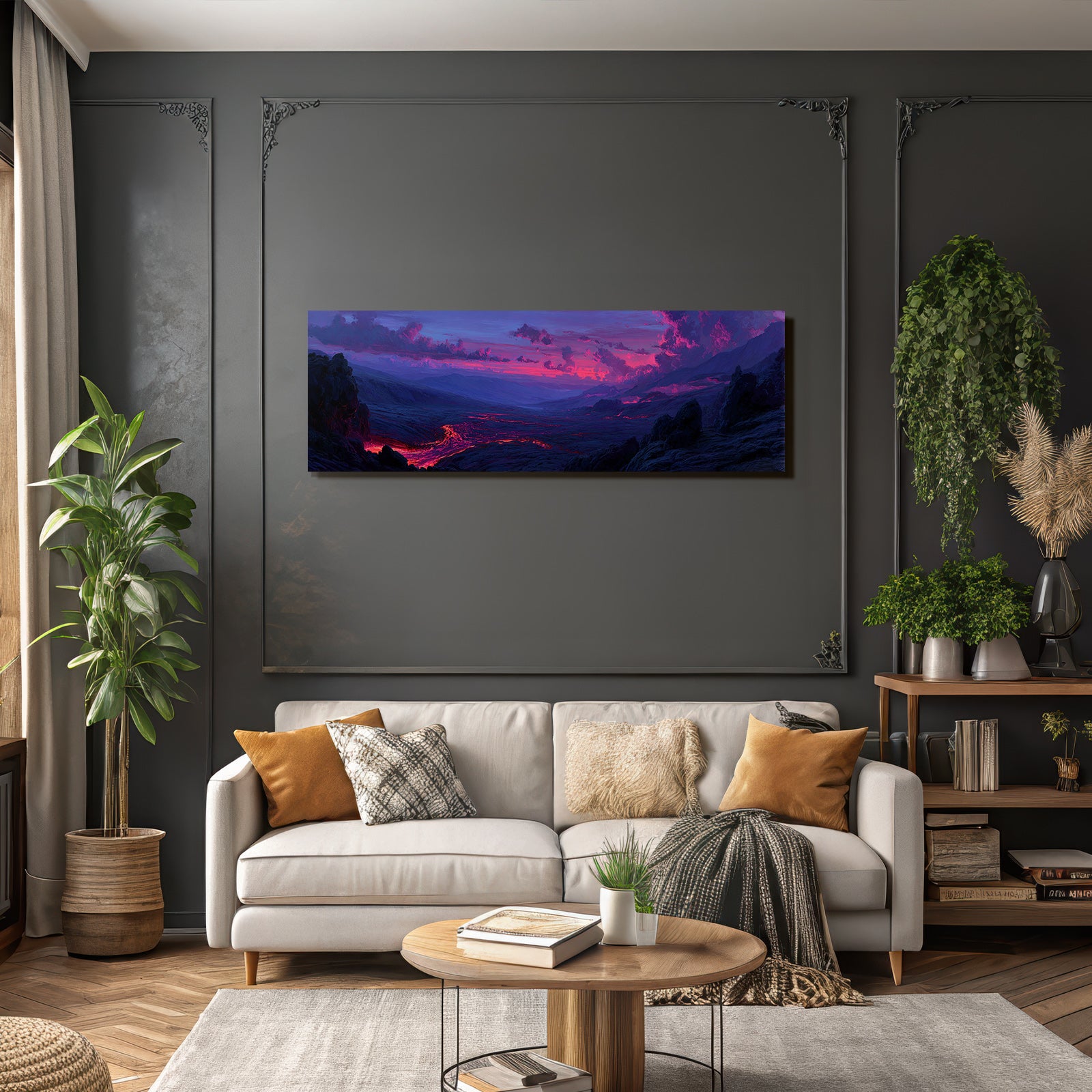 Vulkanlandschaft Mit Fliessender Lava Unter Einem Farbigen Abendhimmel