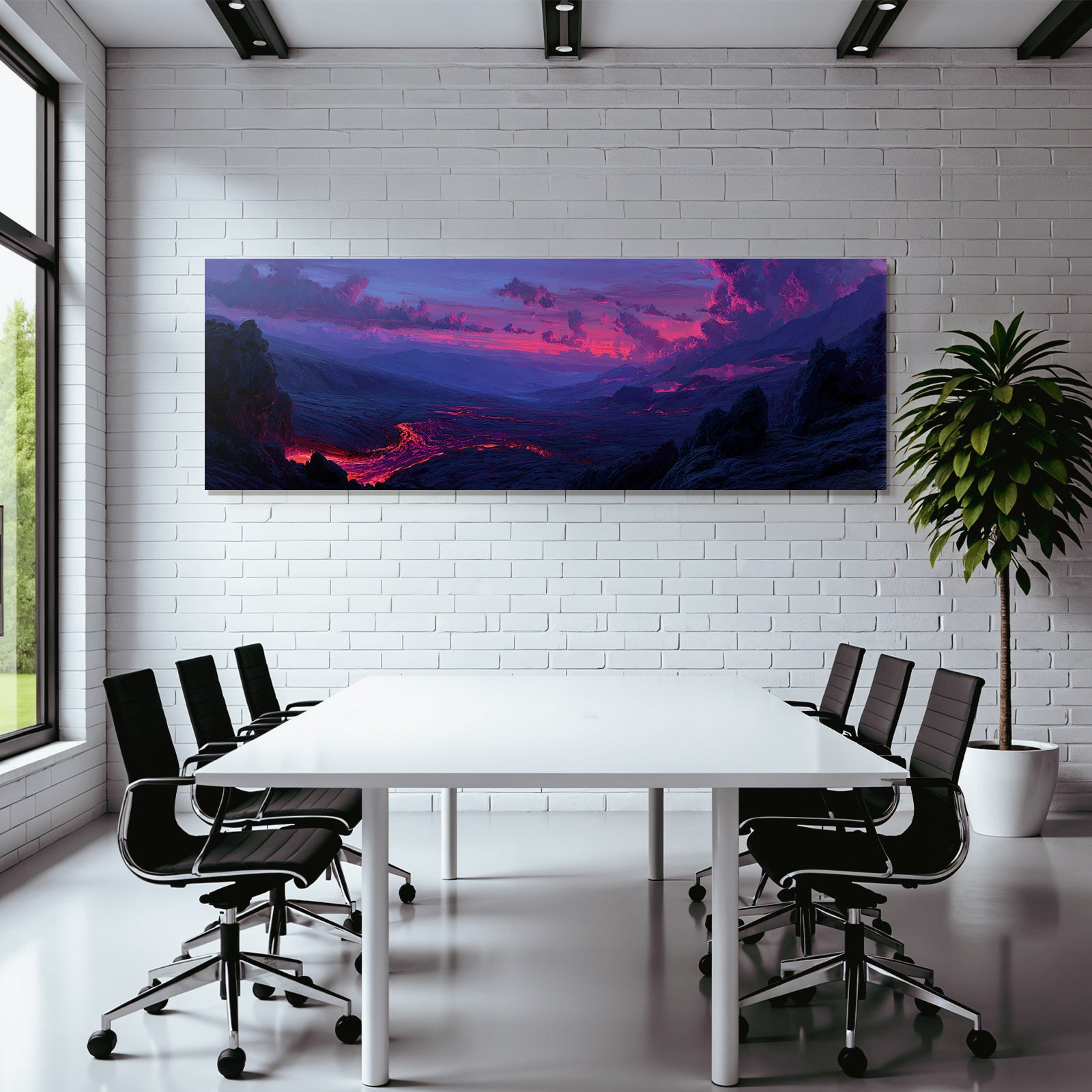 Vulkanlandschaft Mit Fliessender Lava Unter Einem Farbigen Abendhimmel